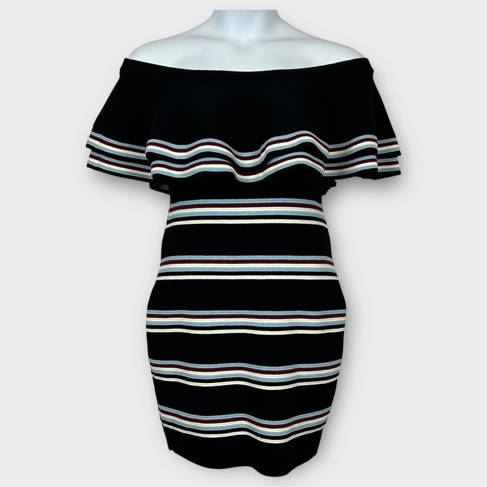 Gianni Bini Sweater Dress Womens Large Black Striped Off Shoulder Ruffle NWT